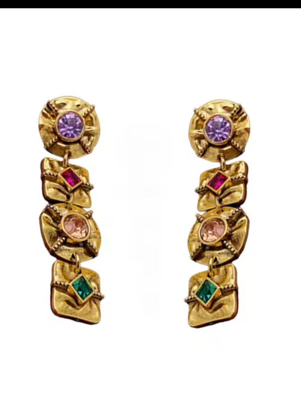 Gold-Tone Multi-Stone Drop Earrings with Purple, Pink, Fuchsia & Green Accents
